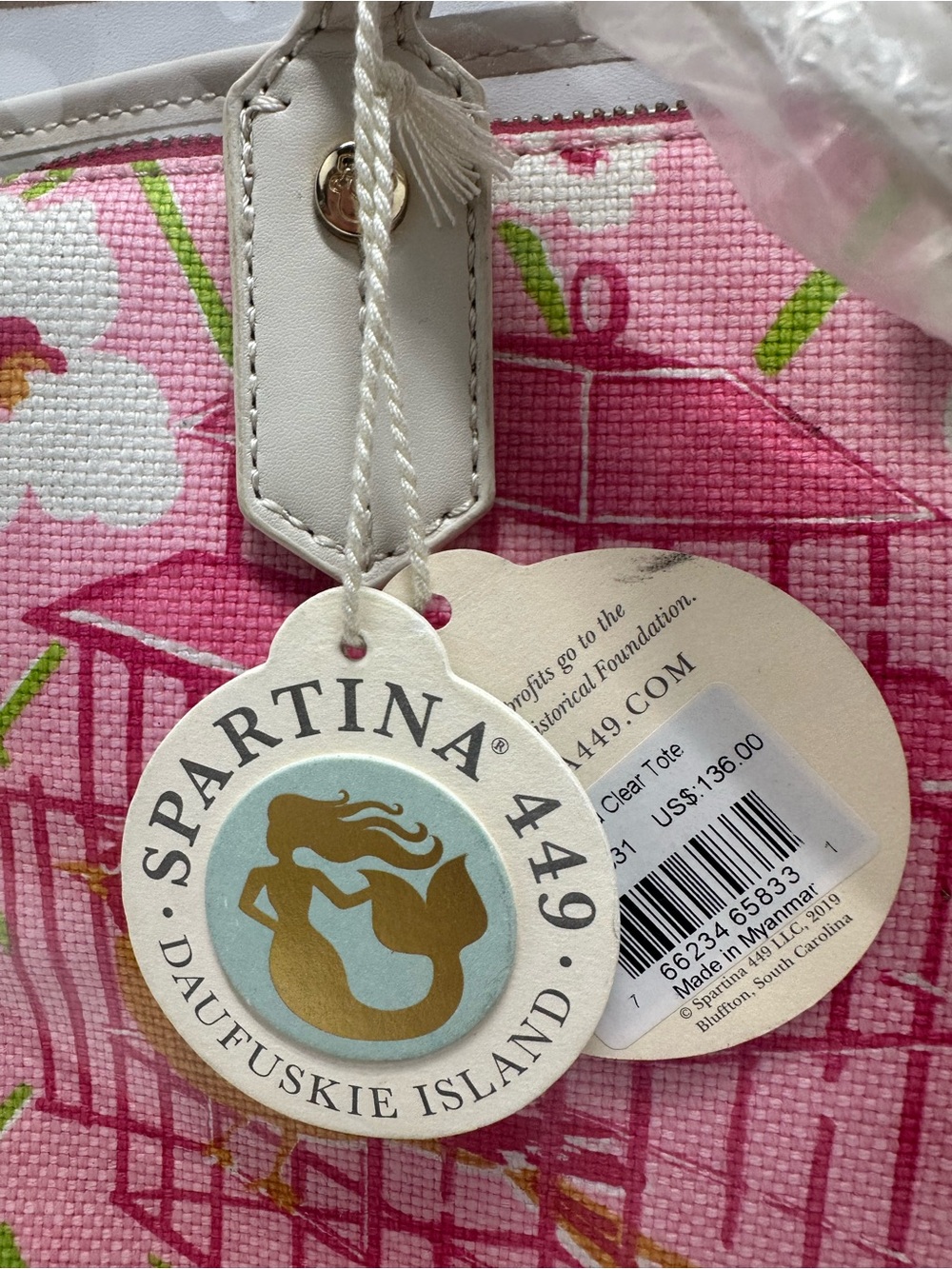 Spartina 449 Pink Floral Clear Tote with Cream Trim - Picture 3 of 16